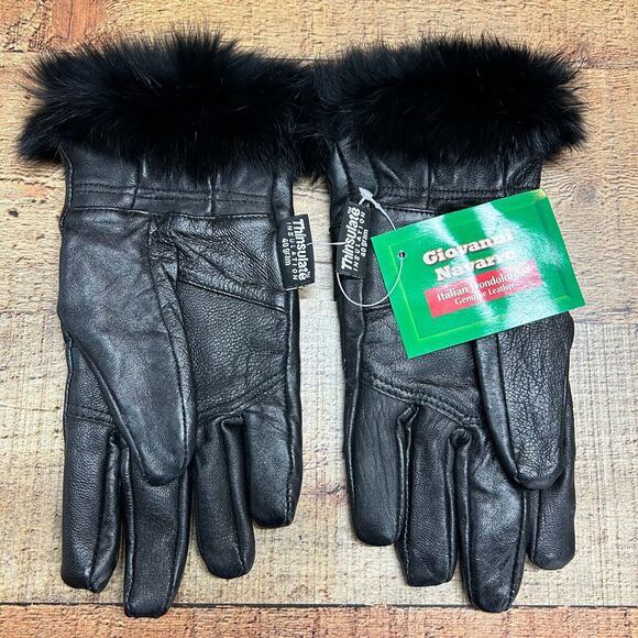 Giovanni Navarre Gloves Womens Medium Black Leather Faux Fur Wrists Insulated - Picture 1 of 6